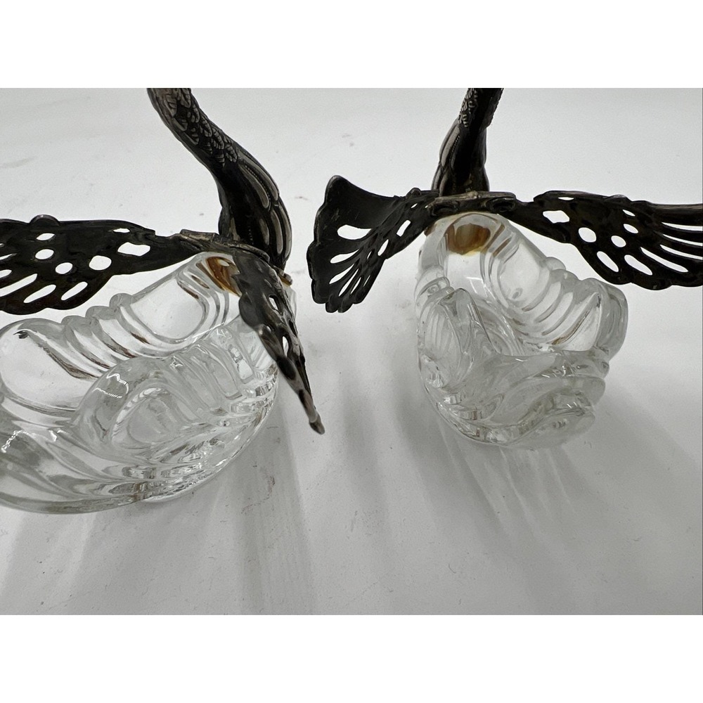 Vintage Swan Salt Cellars, Silver Plated, Articulated Wings, Clear Glass, Pair - Picture 7 of 11